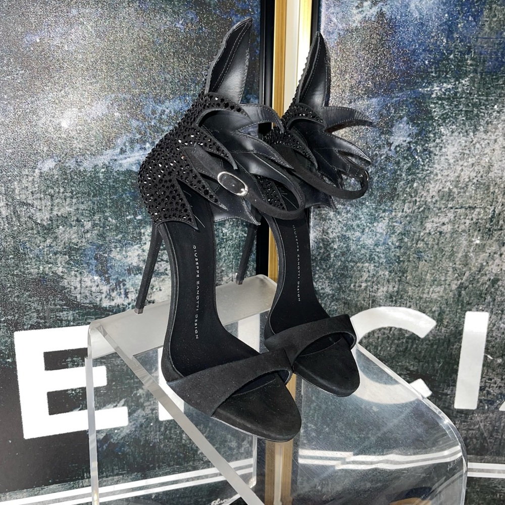 New Giuseppe Zanotti Swarovski 120mm Suede Sandals in Black Gothic Moody Witchy - Picture 10 of 17